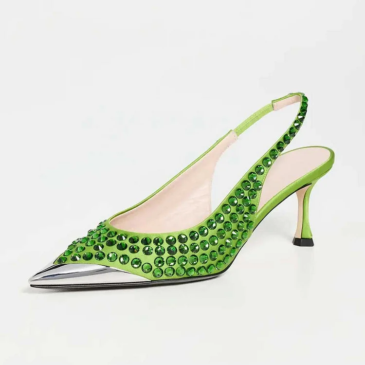 Green Satin Pointy Toe Crystal Slingback Pumps with Silver-Tone Cap |FSJ Shoes