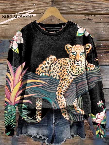 Women's Animal Leopard Print Long Sleeve Crewneck Sweatshirt socialshop