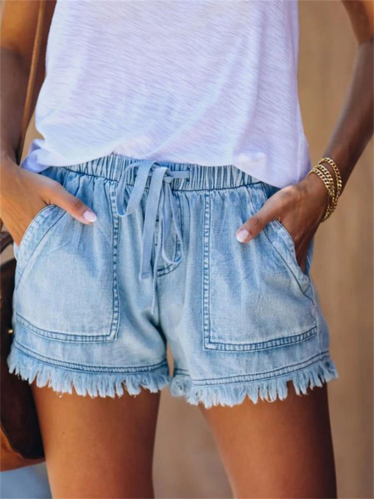 Comstylish Stylish Tassel Denim Shorts With Pocket