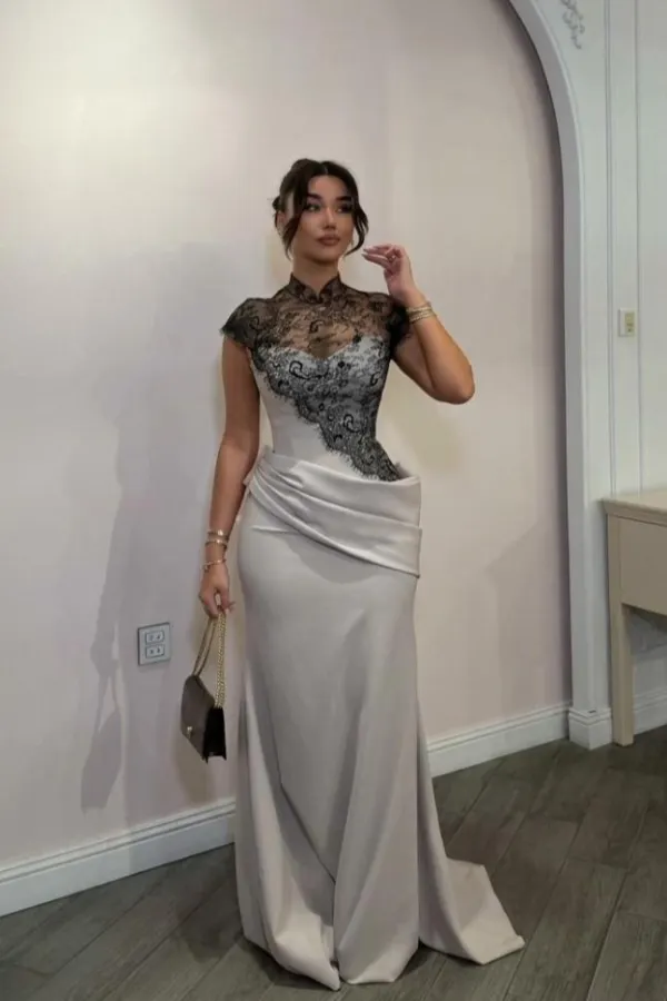 grey silk prom dress Charming Silver Satin Lace High Neck Short Sleeves Pleated collection:play
