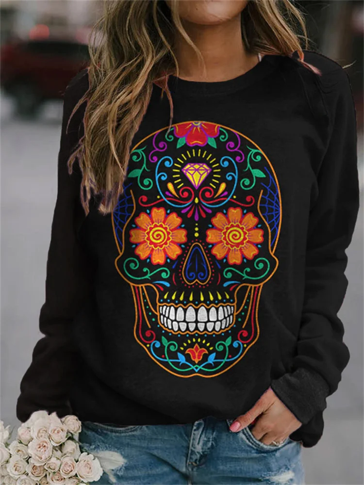 Vefave Colorful Sugar Skull Print Casual Sweatshirt