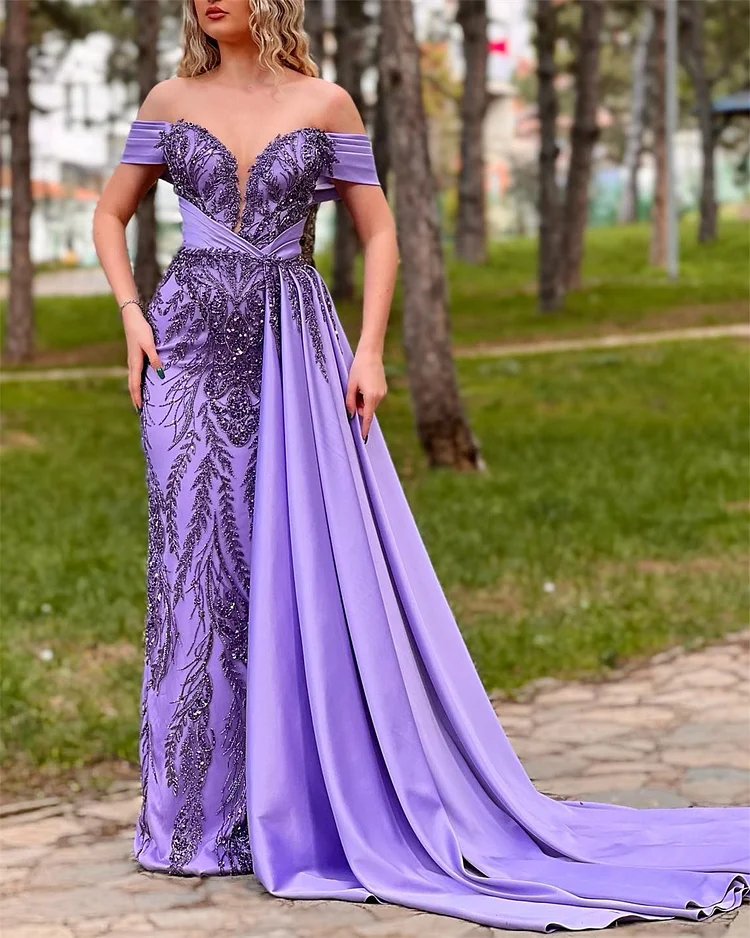 Women's Off Shoulder Purple Sequined Dress