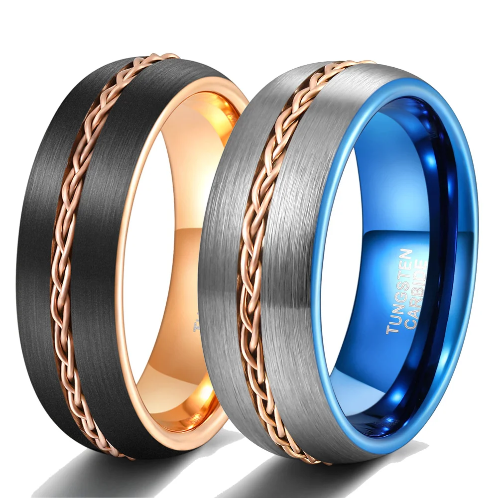 8mm Tungsten Rings Gunmetal Domed with Gold Steel Wire Inlay Line Brushed Surface Men Wedding Bands