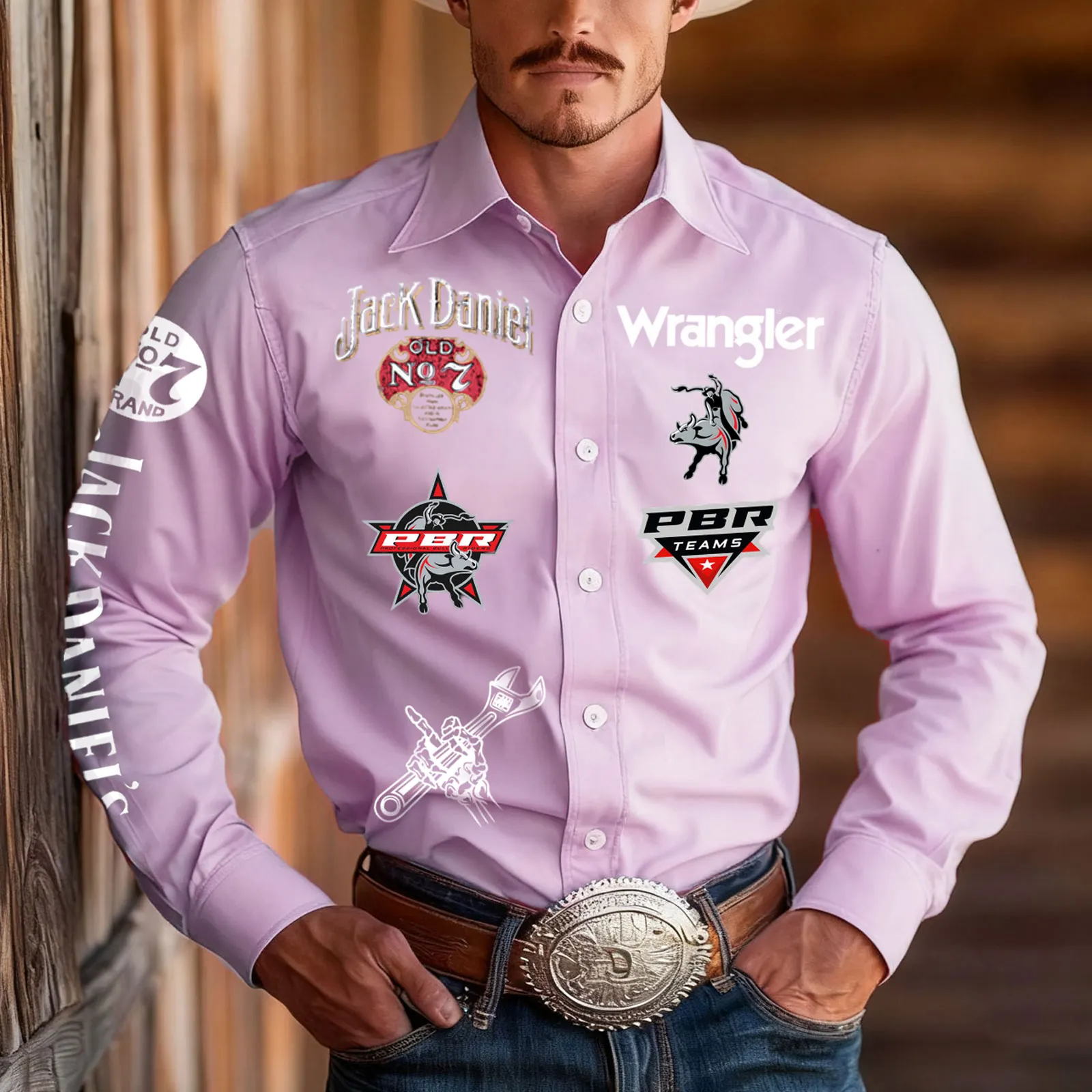 Western-Inspired Button-Up Shirt With Logos And Badges