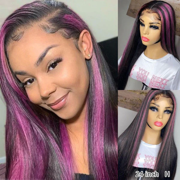 Black Hair With Pink Highlights Straight/Wave Human Hair Lace Front Wigs
