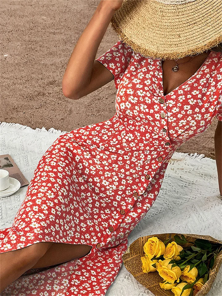 Summer Temperament Women's Slim-fit Holiday Wind Flared Sleeve Print V-neck Dress-JRSEE