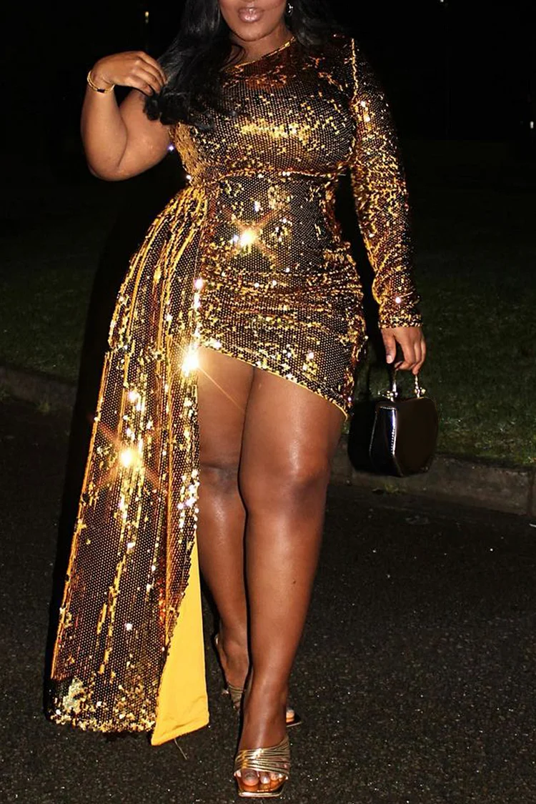 Xpluswear Plus Size Gold Party One Shoulder Side Streamer Long Sleeve Sequin Mini Dress 