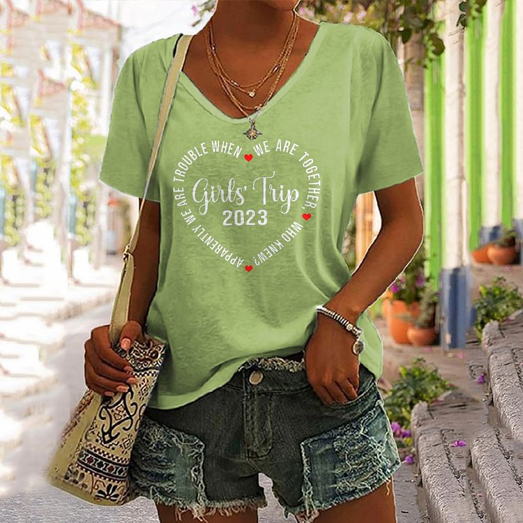 Comstylish Girl's Trip Print V-Neck Short Sleeved Casual T-Shirt