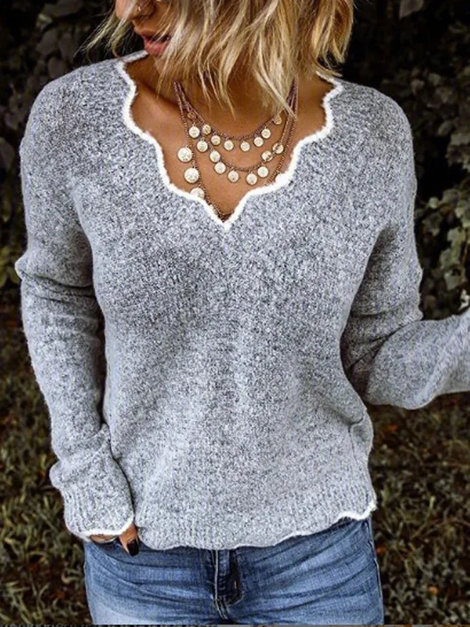 Scallop Neck Solid Causal Sweaters