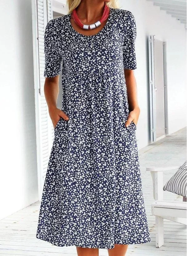 Plus Size Floral Pockets Midi Short Sleeve Dress Casual Plus Size Midi Dresses