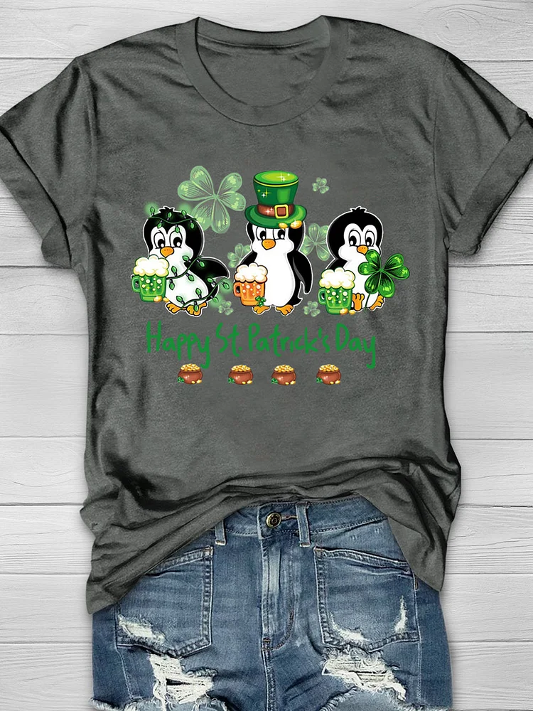 Penguin Drinking Team Happy St Patrick's Day Short Sleeve T-shirt socialshop