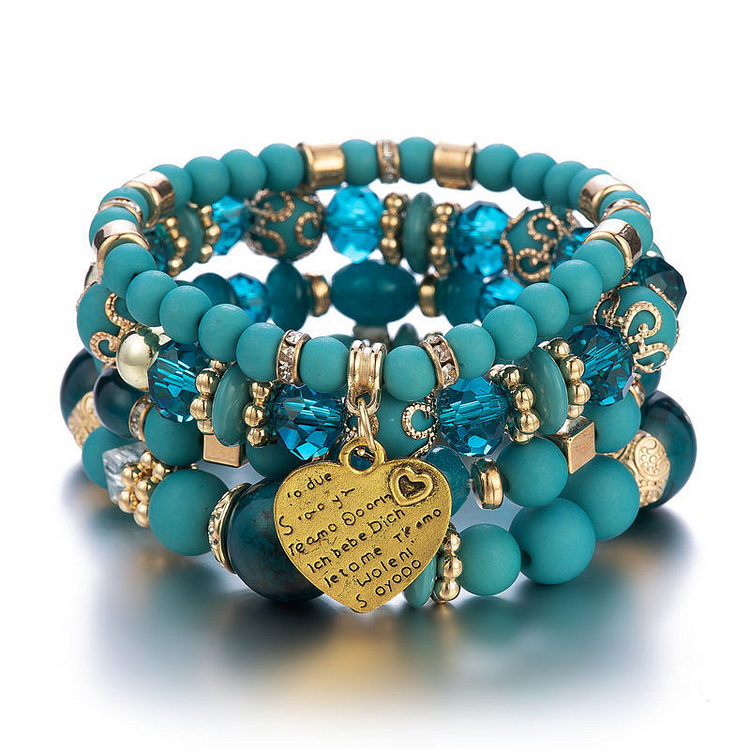 Heart Charm Bead Layered Bracelet Set Pompomian Bracelet Charm Vintage Jewelry Valentine's Day Gift