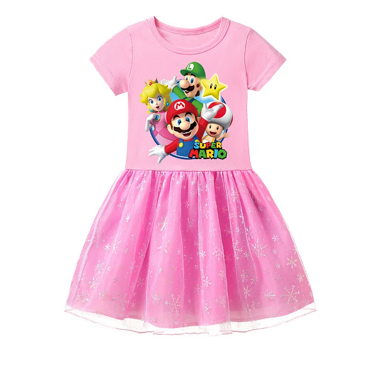 Mayoulove Super Mario Mesh Dress for Girls - Cute Princess Peach Costume with Bow and Mushroom Print - Ideal for Gaming Fans and Halloween Parties-Mayoulove