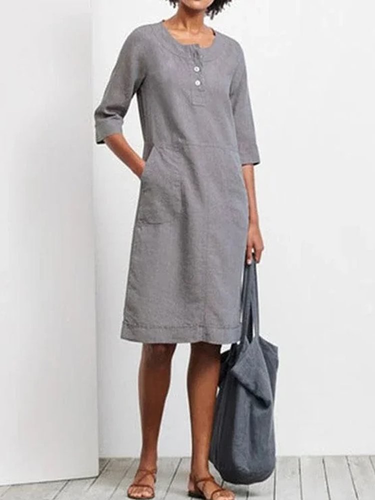 Button Closure Round Neck Loose Fit Casual Dress