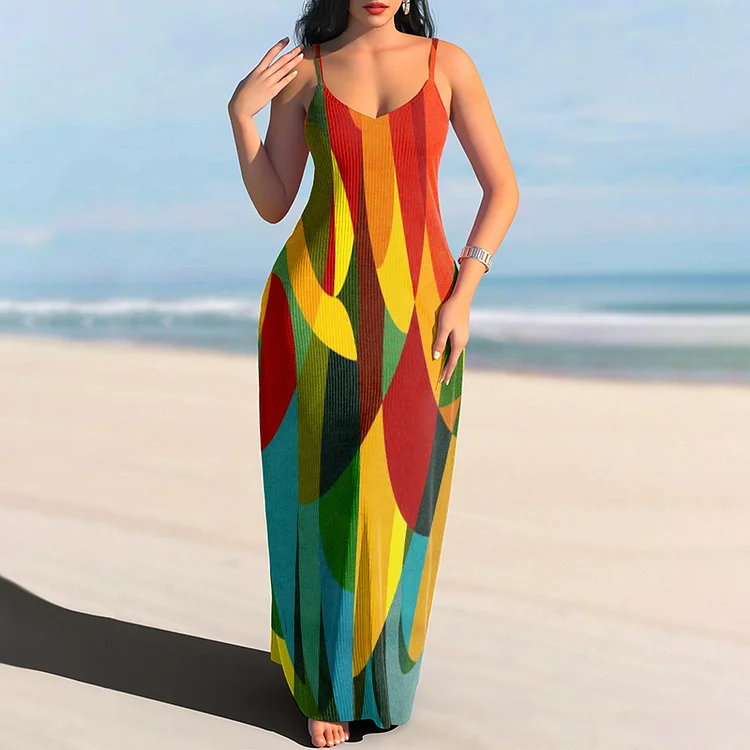 Suspender Geometric Contrast Fashion Maxi Dress