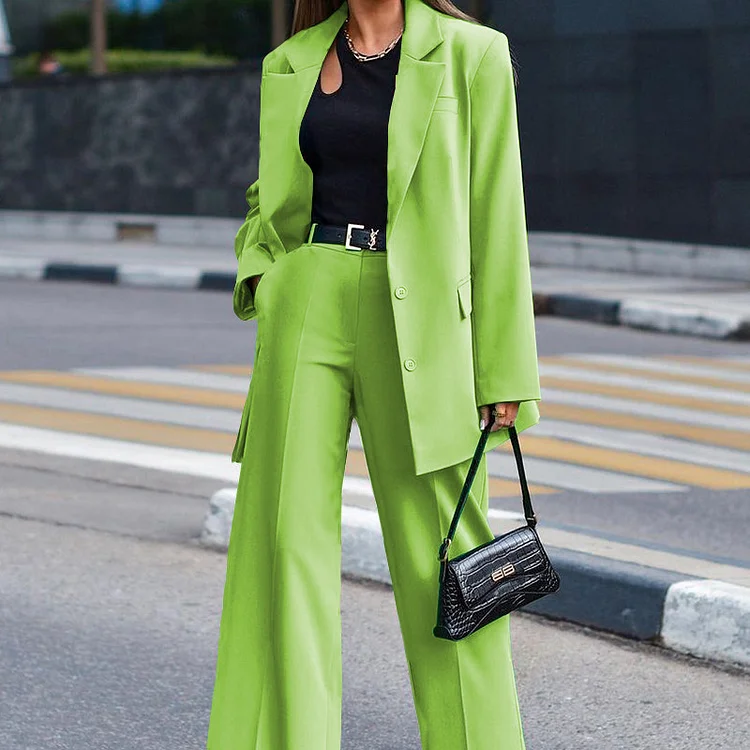 Women's Urban Lapel Collar Blazer & Wide Leg Suit Pants 2 Pcs Set