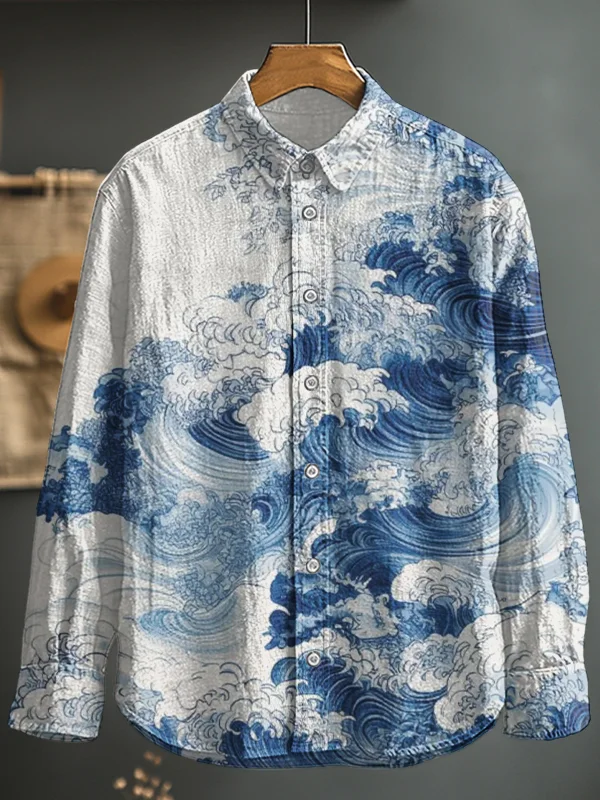 Men's Waves Watercolor Art Print Long Sleeve Shirt