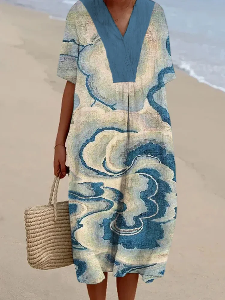 Vintage Abstract Cloud Pattern Women's Linen Maxi Dress