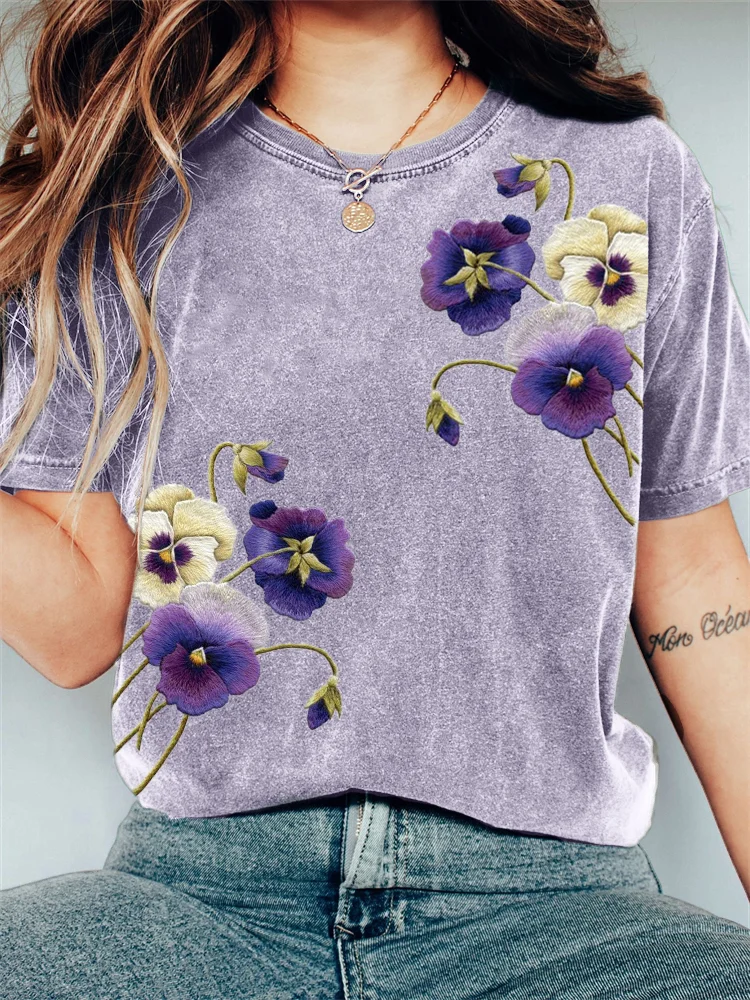 Classy Pansy Flowers Embroidered Vintage T Shirt