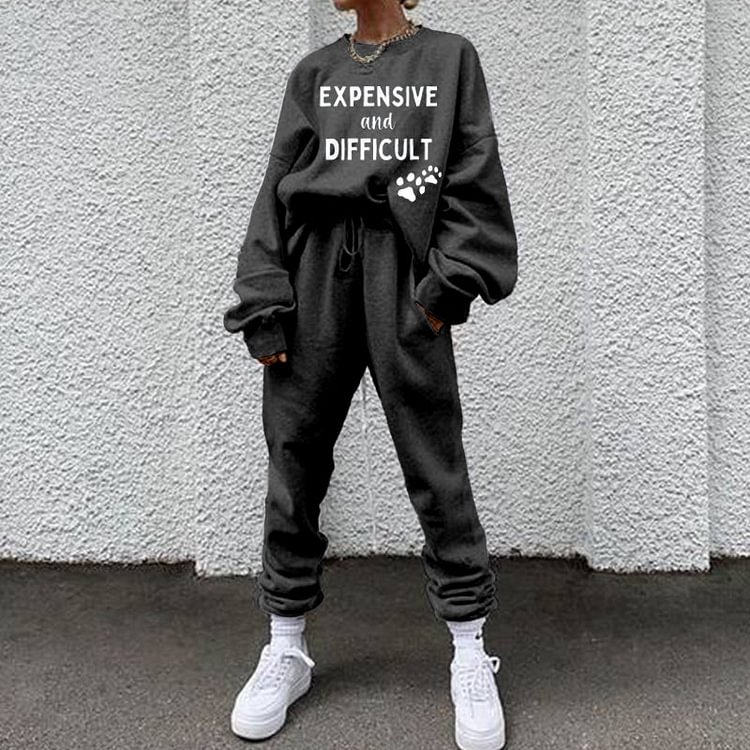 VChics Expensive And Difficult Letter Printed Sweatshirt Two Piece Set