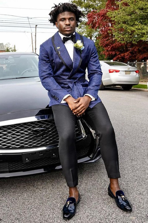 Bellasprom Waller Navy Jacquard Shawl Lapel Prom Suits with Black Pants 34-28-Slim