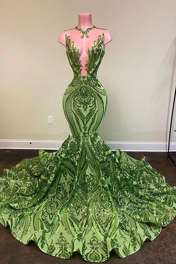 Dresseswow Sage Green Sleeveless Prom Dress mermaid Sequins Long