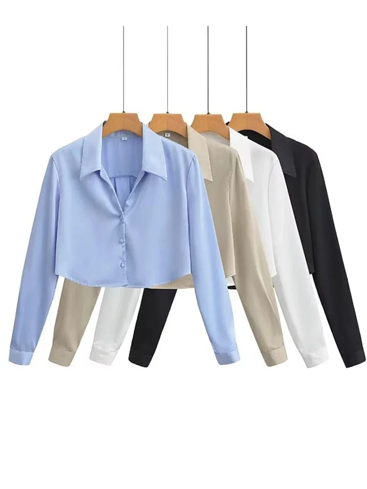 Tlbang New Fashion Women Solid Cropped Satin Shirt Vintage Long Sleeve Front Button Female Blouse High Street Chic Tops
