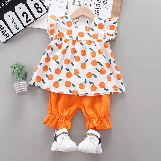 【12M-3Y】Girls' Adorable Orange Cartoon Print Outfit Set