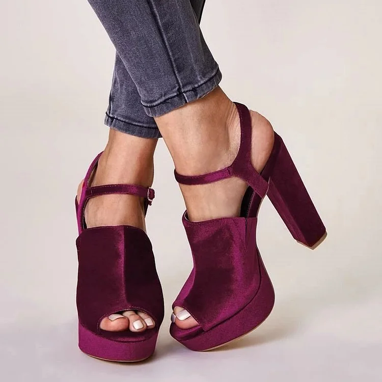 Burgundy Velvet Platform Sandals Peep Toe Ankle Strap Chunky Heels |FSJ Shoes