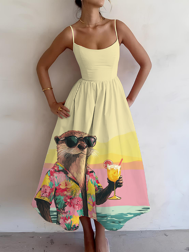 Women'S Retro Otters Drinking On Vacation Print Cami Midi Dress