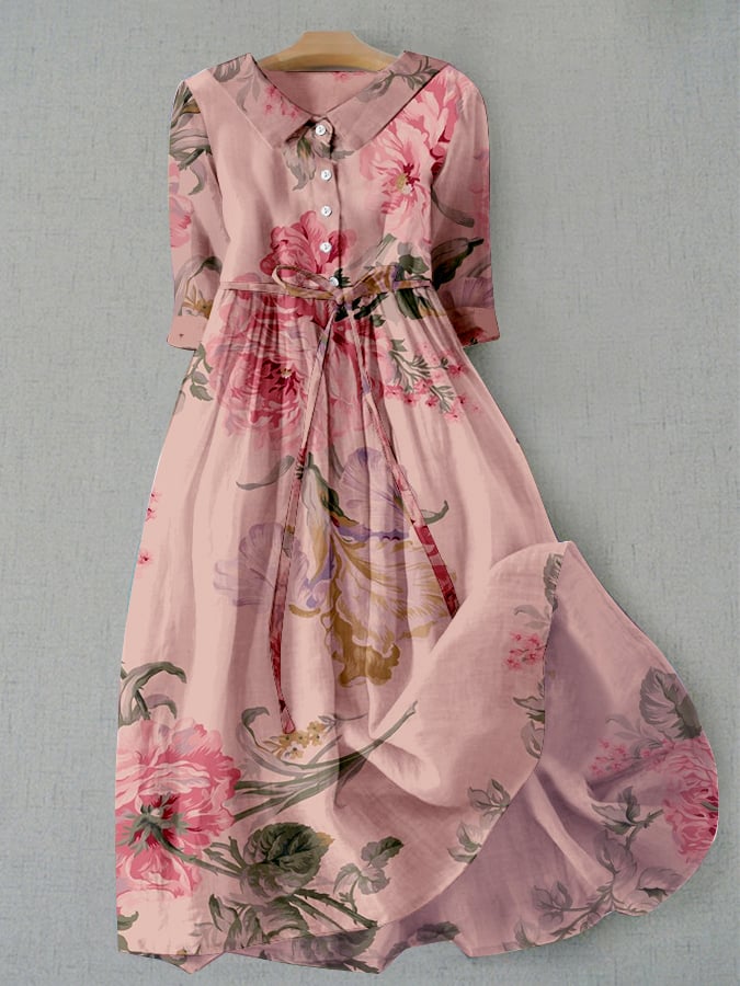 Women's Vintage Botanical Floral Print Lace-Up Pocket Dress