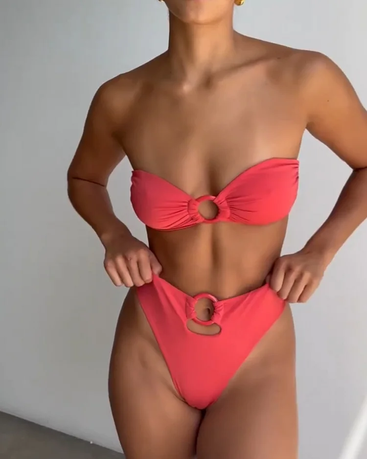 Women's Solid Color Ring Bandeau Bikini Set