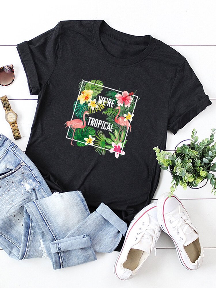 Flamingo Flower Print Short Sleeve Casual T shirt P1661486