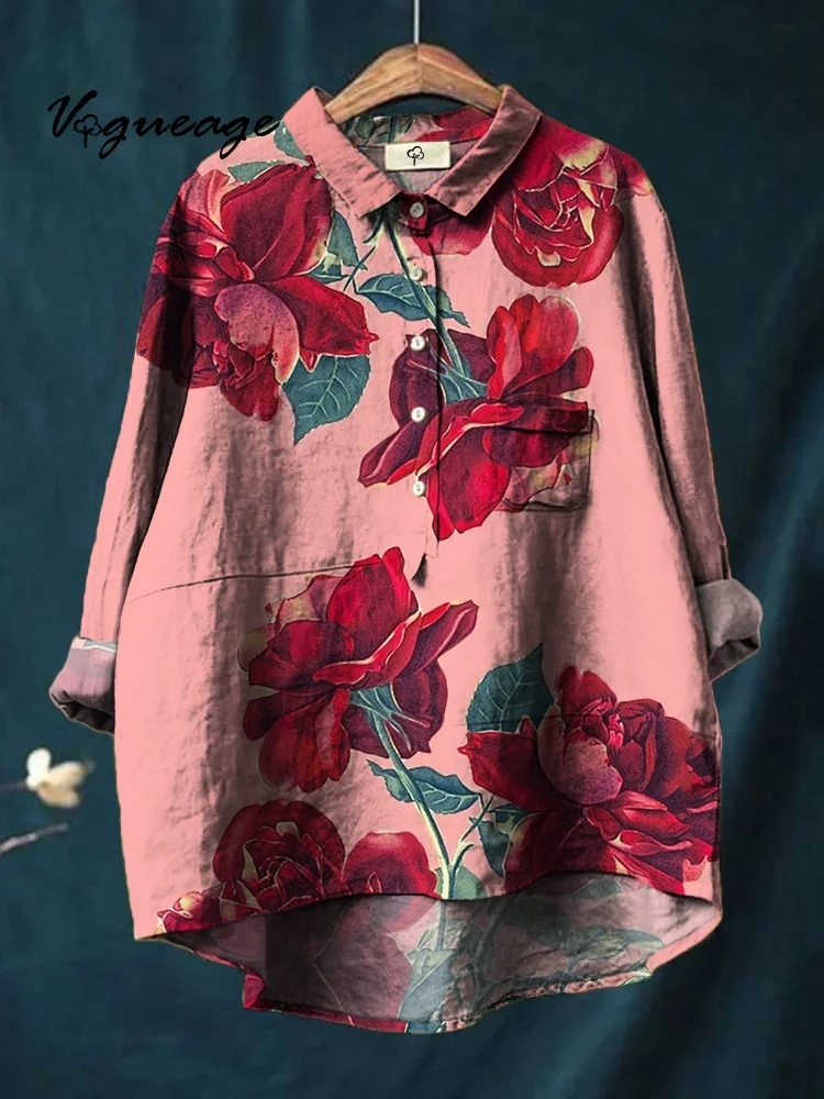 Bright Elegant Gentle And Generous Flowers Print Cotton And Linen Shirt