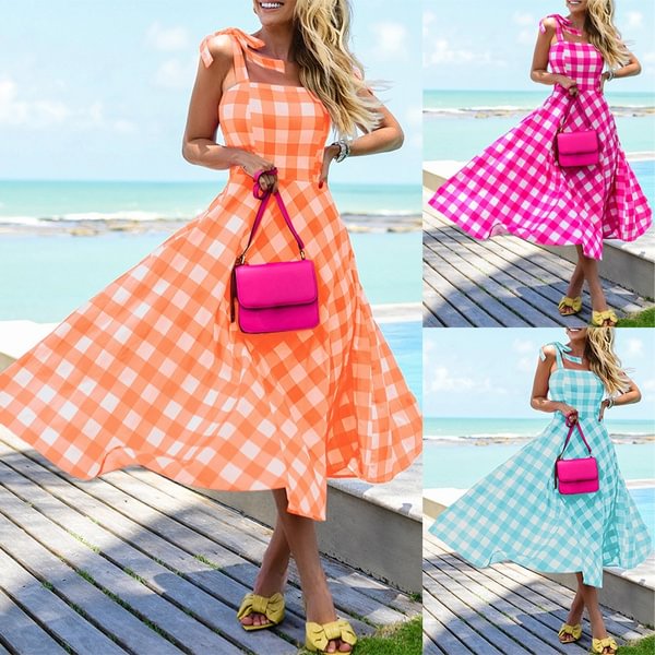 ZANZAN Womens Spaghetti Straps Plaid Printed Patchwork Big Swing Maxi Dresses Summer Beach Sundress - BlackFridayBuys