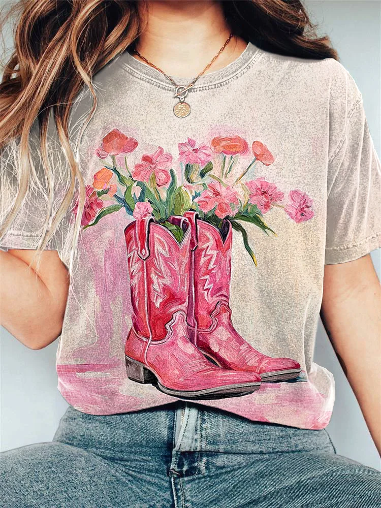 Comstylish Pink Cowgirl boots Print Casual Cotton T-Shirt