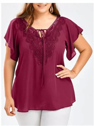 Women's Short Sleeve V-neck Lace Loose Casual Top