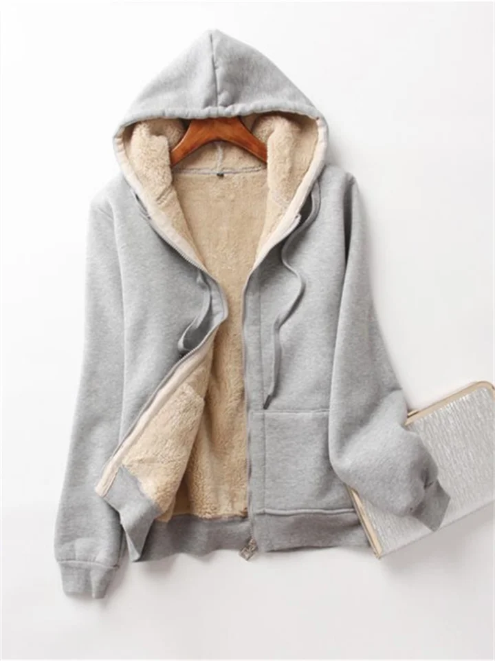 New Autumn and Winter Women's Plush Hooded Long Sleeve Solid Color Sweatshirt Printed Plush Loose Jacket