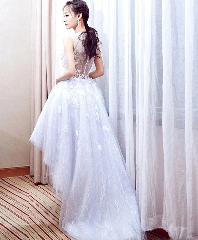 Gray Tulle Lace High Low Prom Dress, Homecoming Dress