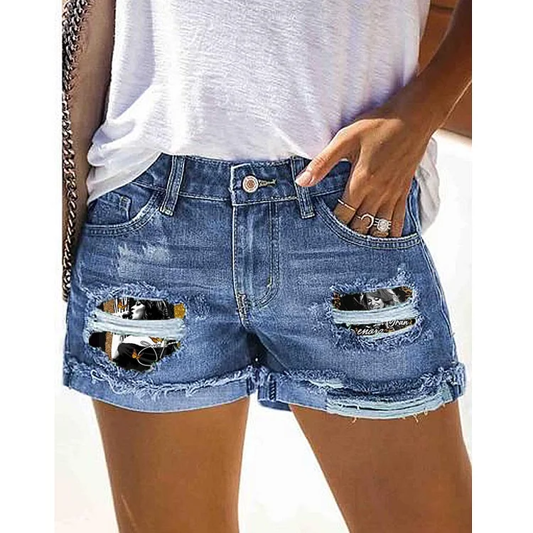Fashion printed denim shorts with holes