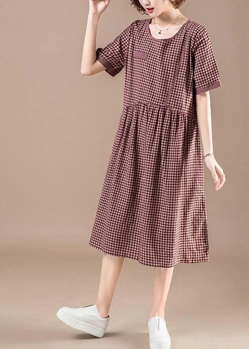 Unique red Plaid Cotton dresses Fashion Photography patchwork pockets short Summer Dresses
