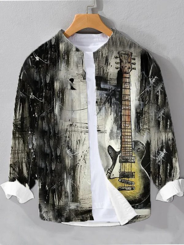 Men's Vintage Guitar Print Long Sleeve Shirt