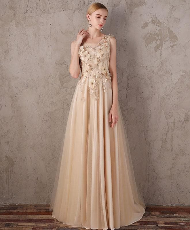Champagne Tulle 3D Flowers Long Prom Dress,Evening Dress