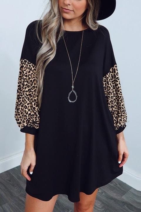 Fashion Leopard Print Splicing Black Dress - BlackFridayBuys