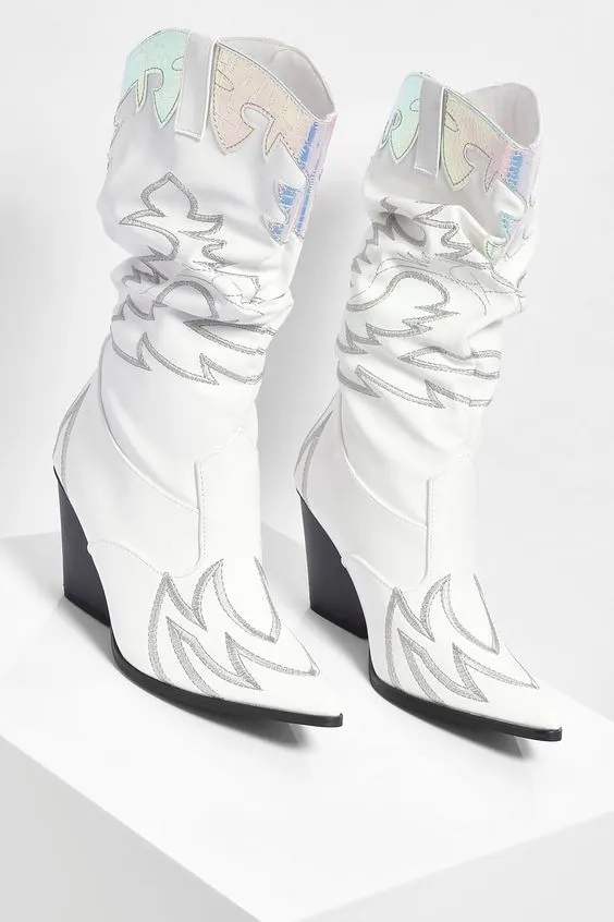 Woman Ladies Pointed Toe Western Cowboy Boots Mid-Calf Boots Leather Embroidery Shoes Women's Mid Heels Pump Plus Size 44