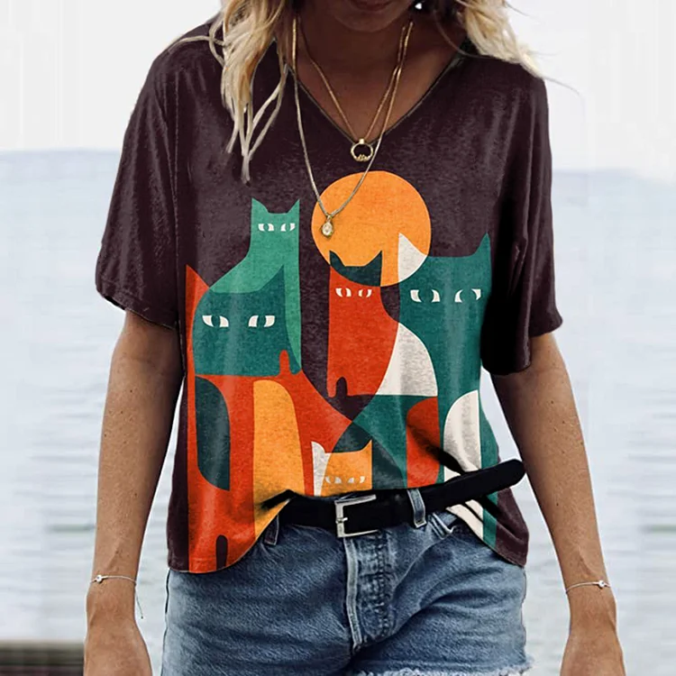 Vefave Cat Print Casual T-Shirt