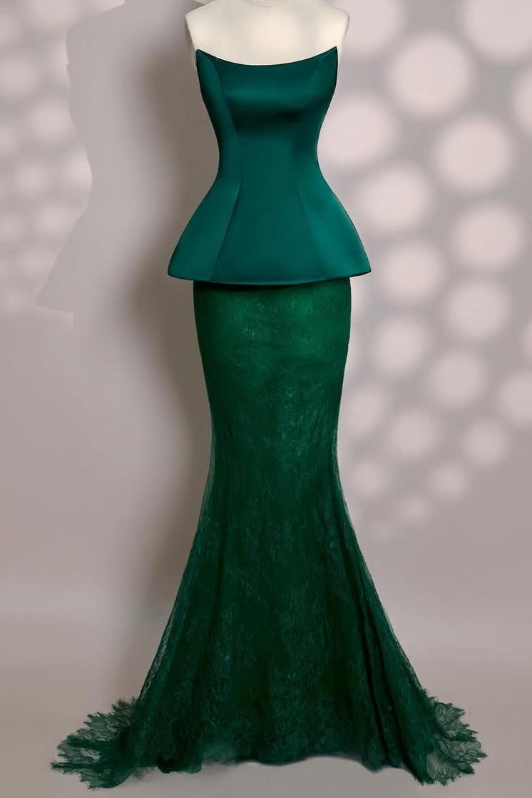 Lussooy Amazing Satin Strapless Dark Green Sleeveless Mermaid Prom Dress with Lace