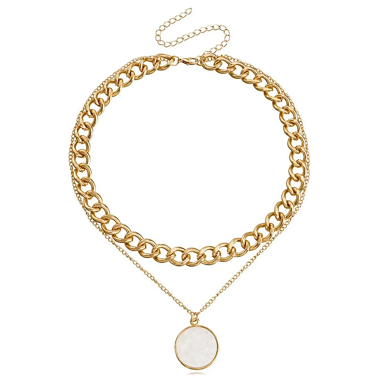 Double layer geometric round mother of pearl pendant necklace