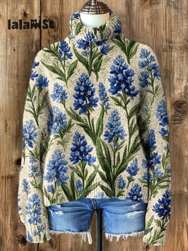 Women's Vintage Lovely Floral Art Print Knit Turtleneck Pullover Sweater