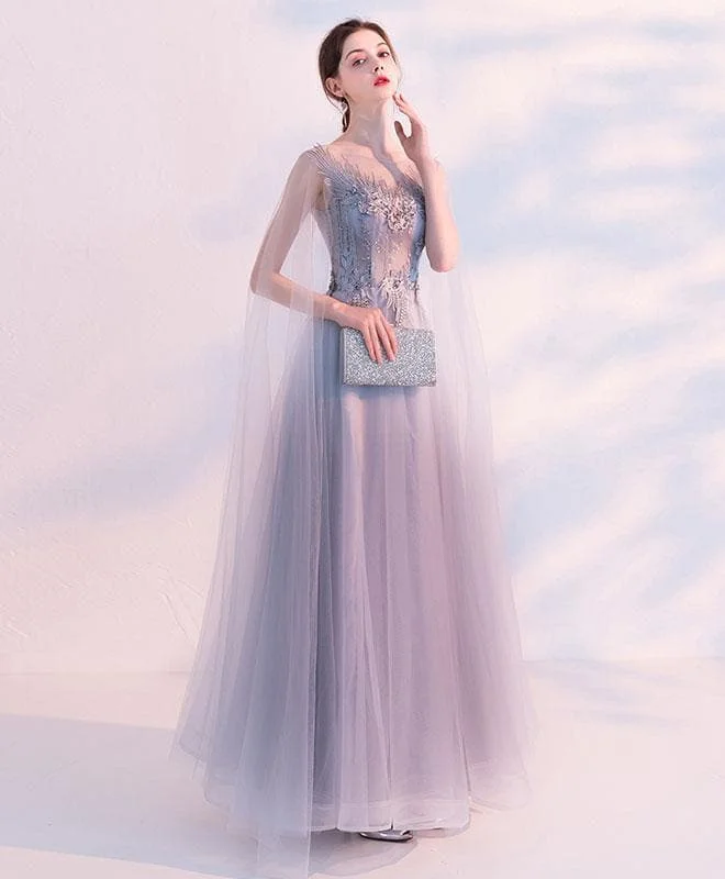 Gray Tulle Lace Long Prom Dress, Gray Tulle Evening Dress